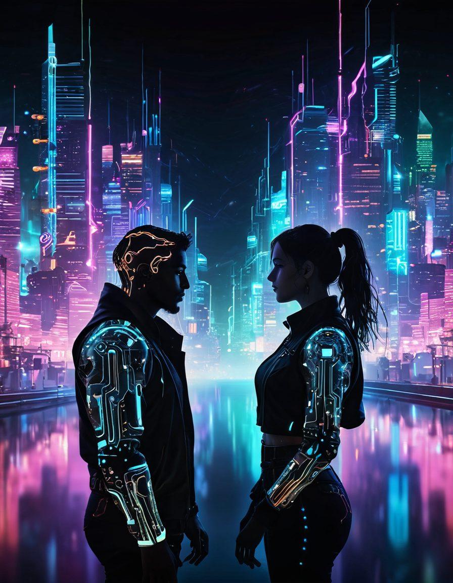A surreal digital landscape depicting two connected silhouettes made of luminous circuits, floating amidst a galaxy of glowing hearts and binary codes. Soft ethereal light glows around them, symbolizing intimacy and connection in a virtual world. In the background, a cyberspace cityscape with vibrant neon colors pulsating with energy and emotion. Include abstract shapes representing digital love symbols, like chat bubbles and emojis. vibrant colors. cyberpunk.