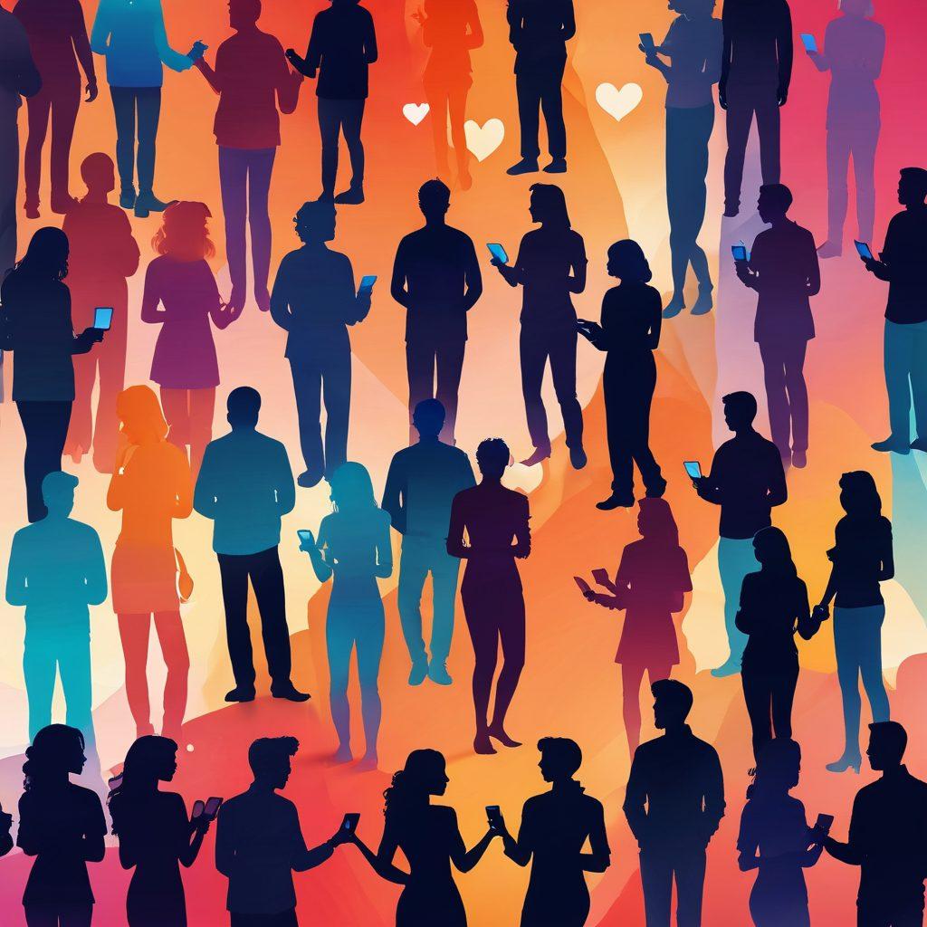 An abstract representation of online interaction, showcasing a gradient spectrum from flirtation to deep friendship, illustrated with silhouettes of diverse individuals engaging in digital conversation through various devices. Incorporate symbols of hearts and friendships subtly intertwined in the background, surrounded by soft, warm colors depicting comfort and connection. Vector art. vibrant colors.