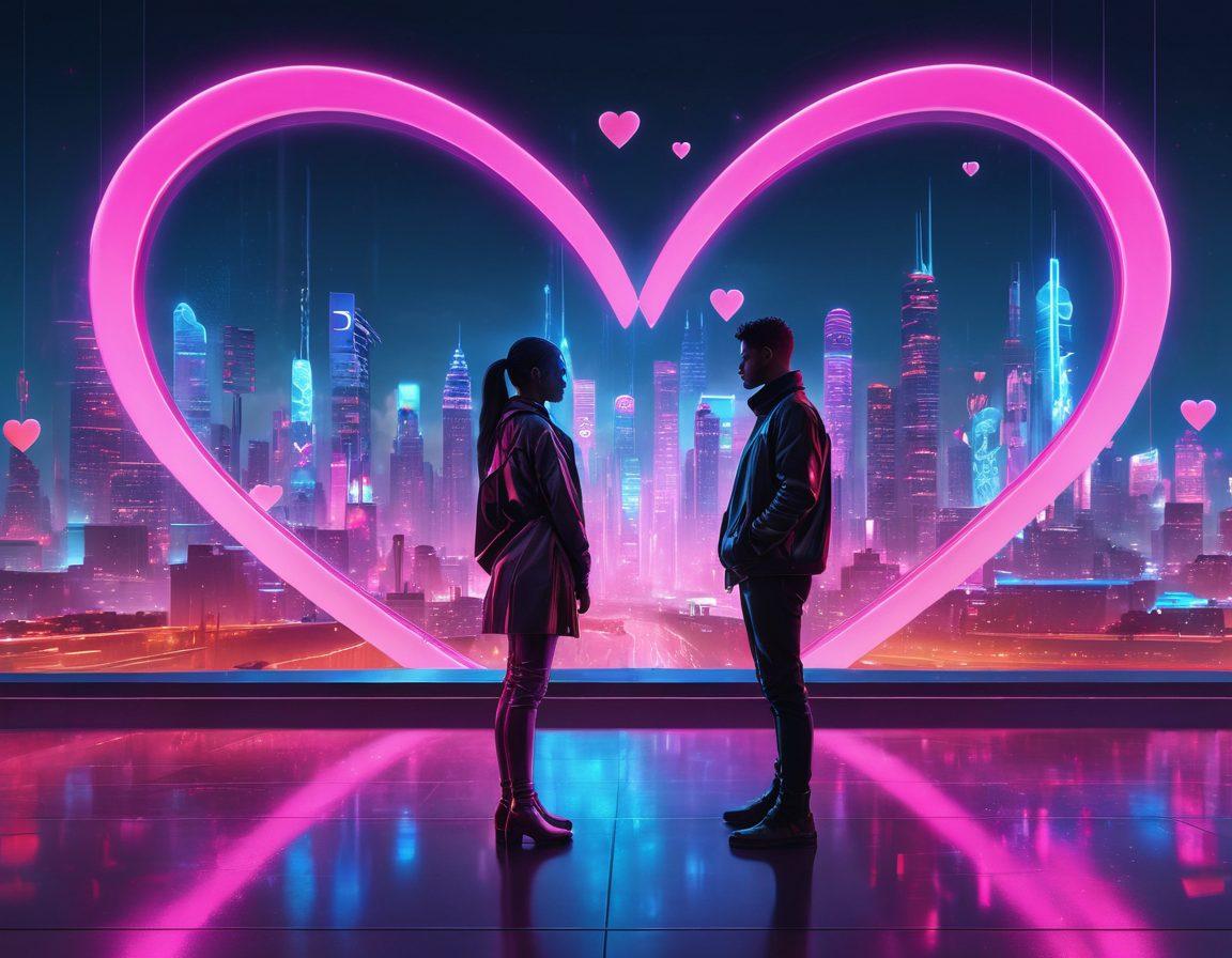 A futuristic digital landscape where two holographic figures engage in an intimate conversation, surrounded by floating screens displaying virtual hearts and love symbols. The background features city skyline with neon lights, illustrating a blend of technology and romance. Add soft glowing elements and warm colors to evoke a sense of connection. cyberpunk. vibrant colors. super-realistic.